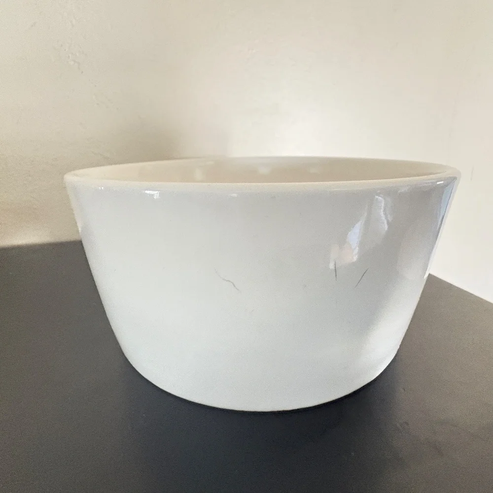 Rae Dunn FEAST dog feeding dish, round white ceramic, black lettering, 6